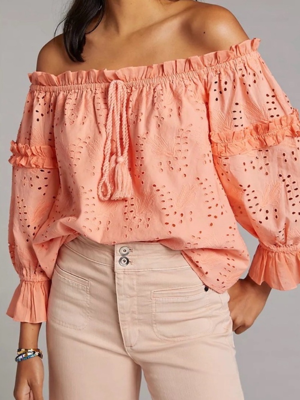Seen Worn Kept Anthropologie Flora Jane Eyelet Lace Blouse Peach Sz 6 boho comfy